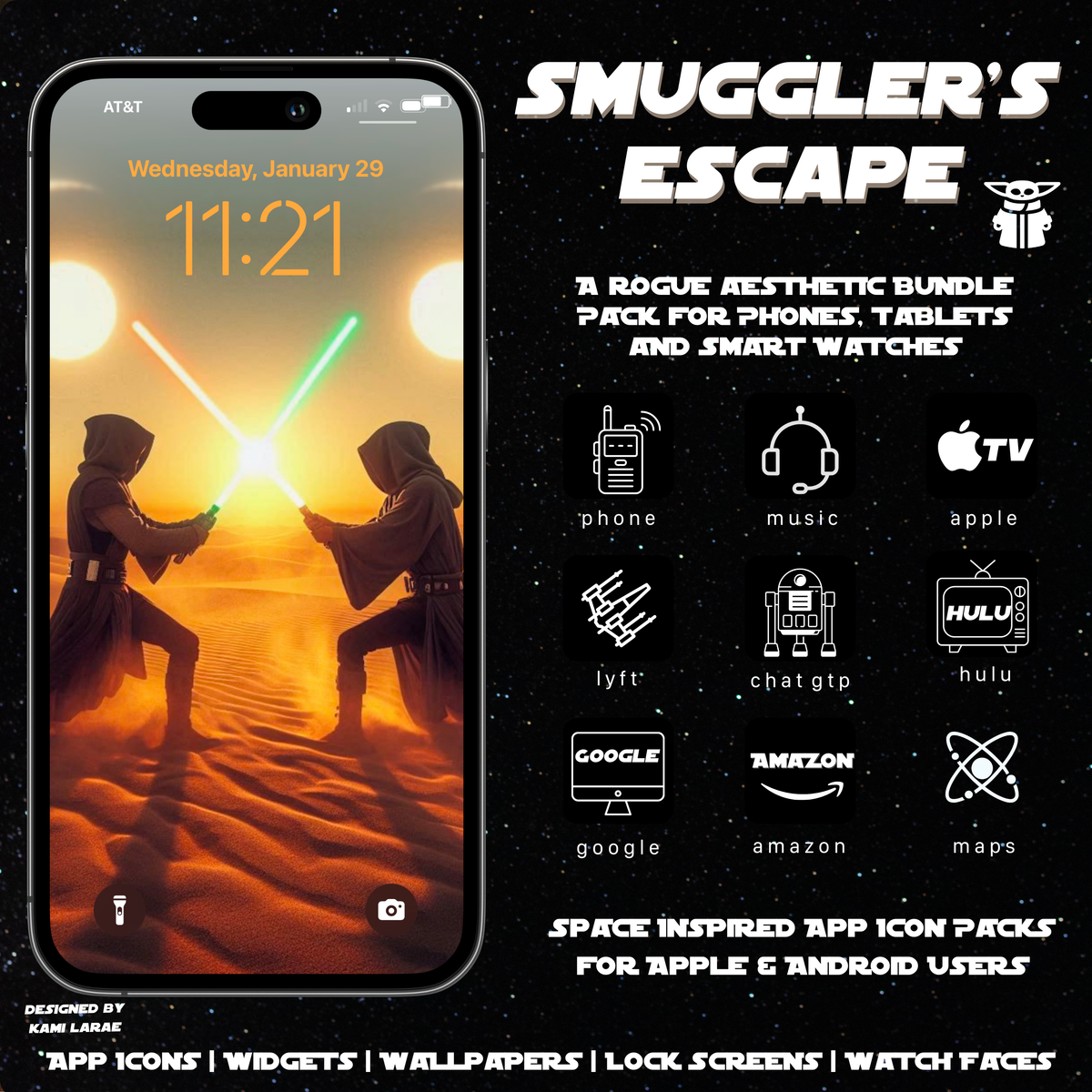 Phone screen with lightsaber duel wallpaper and Star Wars-inspired app icons and widgets on a twin suns desert background”