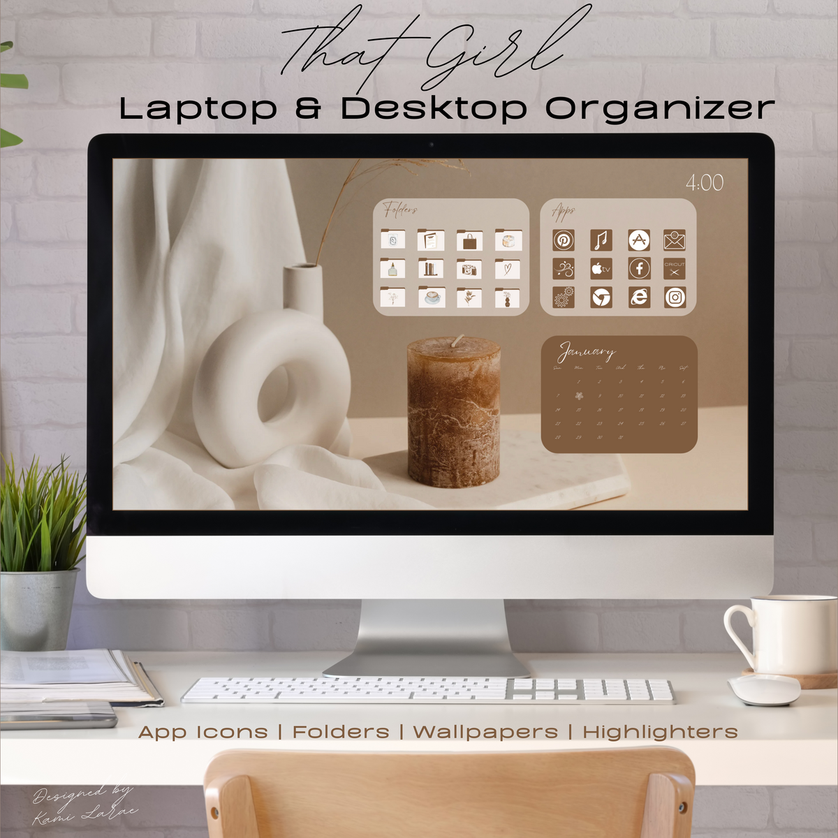 THAT GIRL Desktop & Laptop Organizer Wallpaper 2024-2025 with Matching Folders, App Icons, Stickers, Date Highlighters