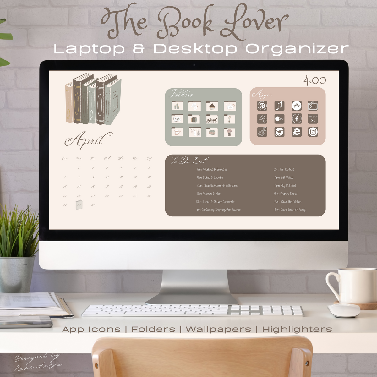 THE BOOK LOVER Desktop & Laptop Organizer 2024-2025 with Matching Folders, App Icons, Stickers, Date Highlighters