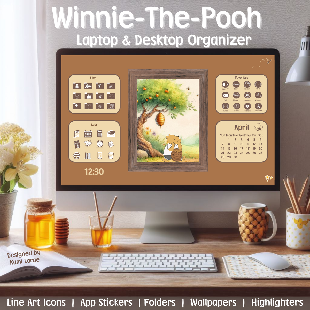 WINNIE-THE-POOH Desktop & Laptop Wallpaper Organizer 2024-2025 with Matching Folders, App Icons, Stickers, Date Highlighters