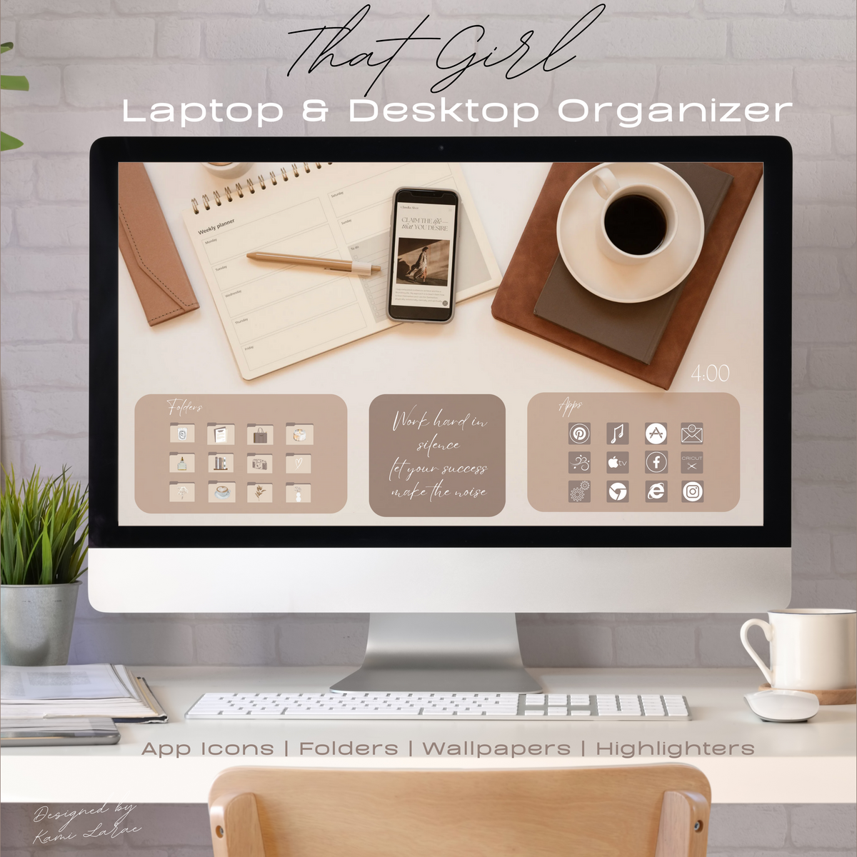 THAT GIRL Desktop & Laptop Organizer Wallpaper 2024-2025 with Matching Folders, App Icons, Stickers, Date Highlighters