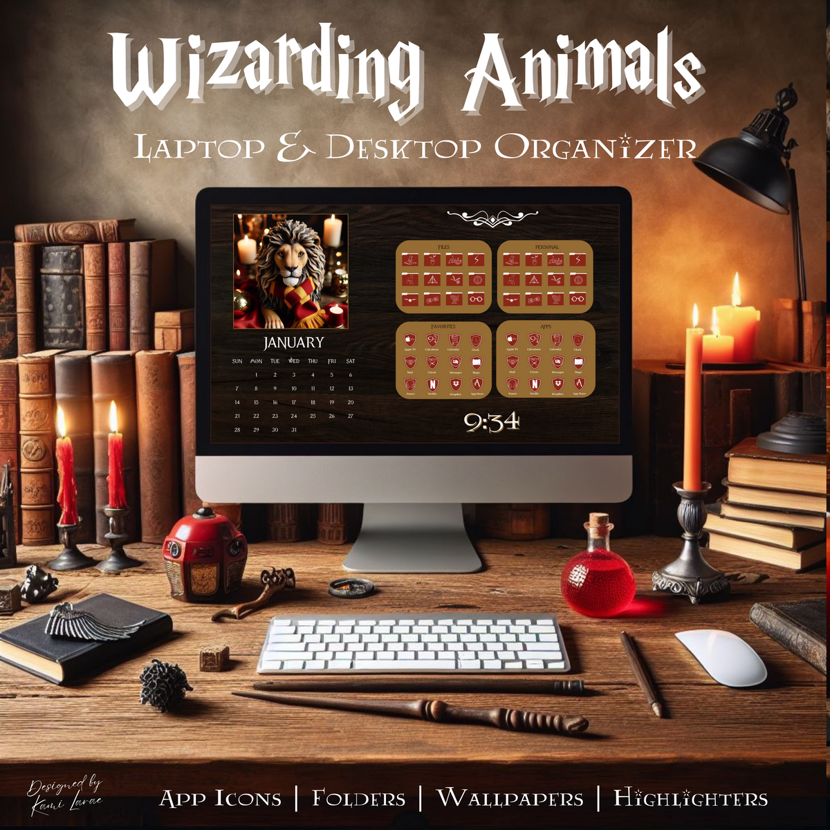 WIZARDING ANIMALS Desktop & Laptop Wallpaper Organizer 2024-2025 with Matching Folders, App Icons, Stickers and Date Highlighters