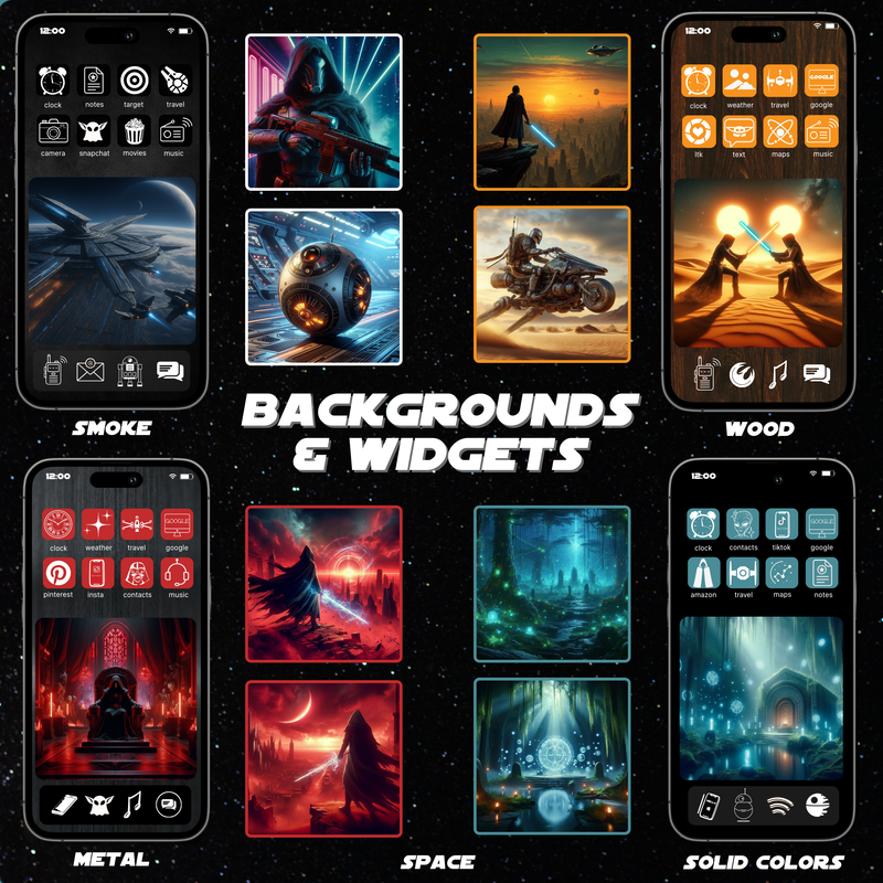 Star Wars inspired Galaxy aesthetic backgrounds and widgets featuring lightsabers, space battles, twin suns, and forest moon scenes for iOS and Android