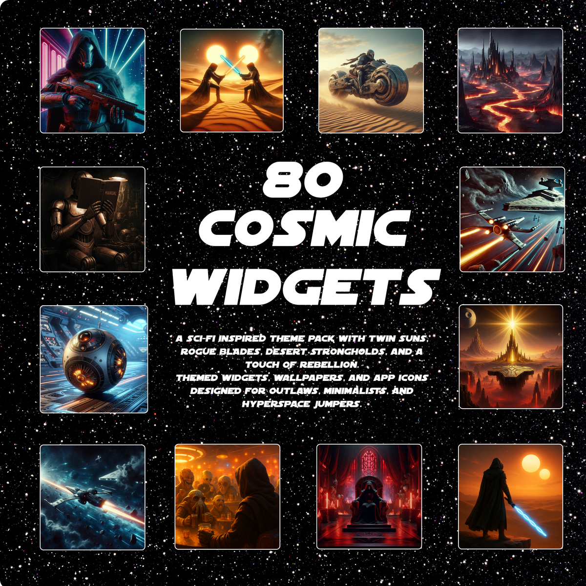 Cosmic widget pack with Star Wars style desert, stronghold, droid, and space-themed designs for iPhone and Android customization Star Wars Inspired