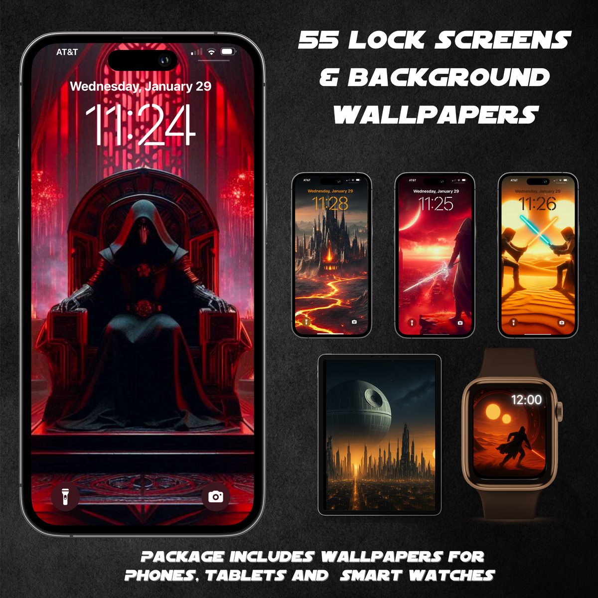 55 Star Wars inspired phone lock screens and smart watch backgrounds including lava planets, red sabers, and twin suns