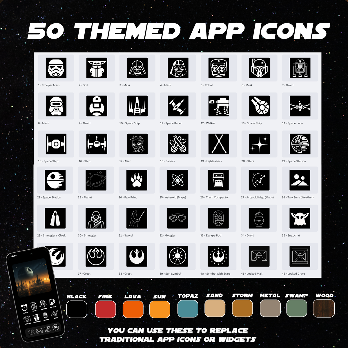  50 sci-fi app icons including sabers, trooper masks, droids, space ships and planets in black and white aesthetic-Star Wars Inspired