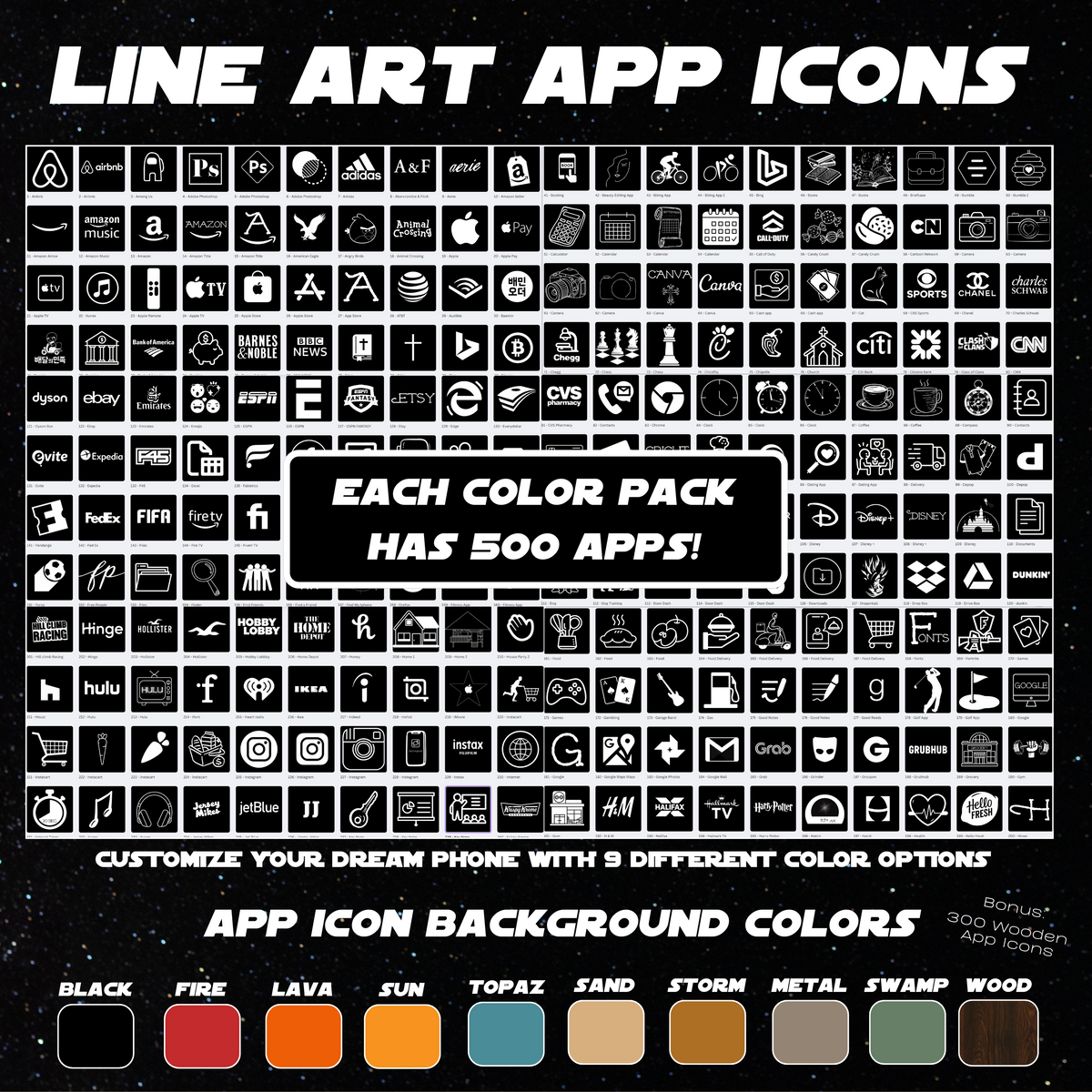 Star Wars Line art icon pack with 500 app icons for Star Wars fans in 9 color themes including lava, storm, and metal aesthetic