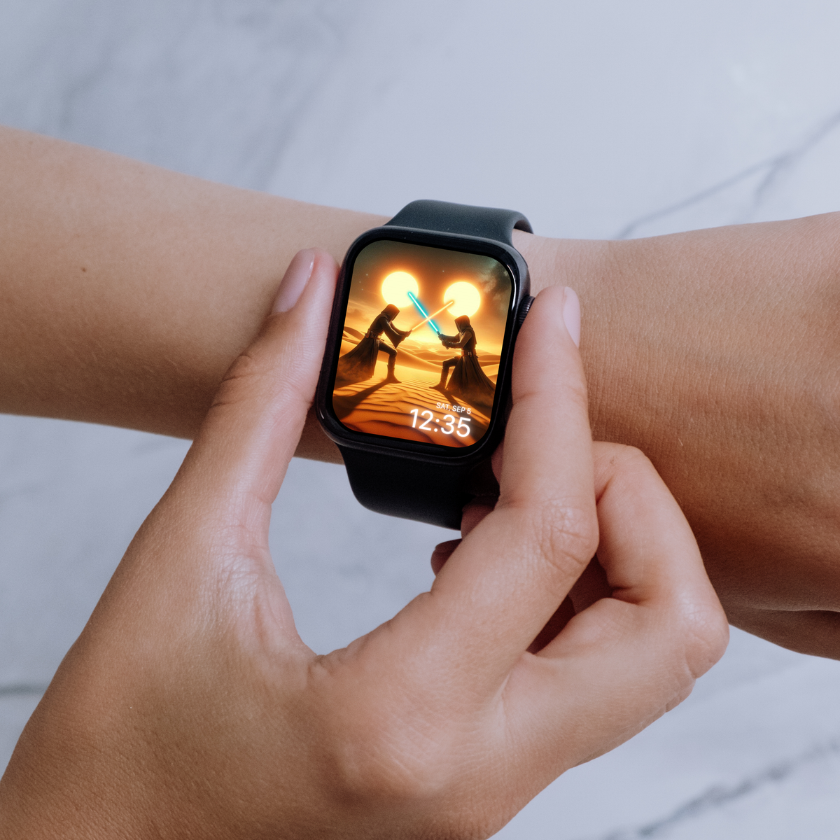 Star Wars Smartwatch face featuring twin suns and lightsaber duel artwork from the Smuggler’s Escape sci-fi theme pack