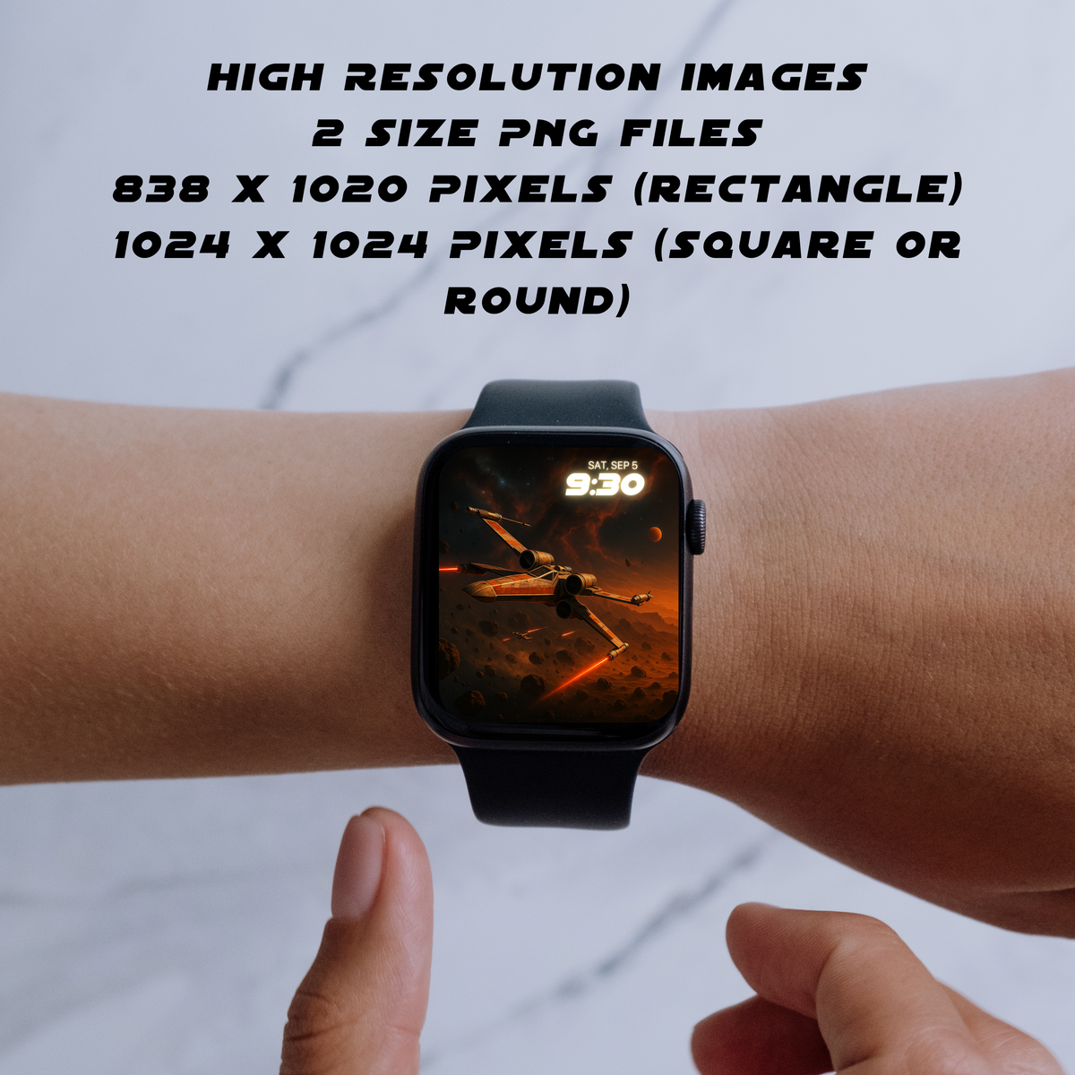 Apple Watch background with Star Wars inspired starship flying through asteroid field and glowing red space lighting