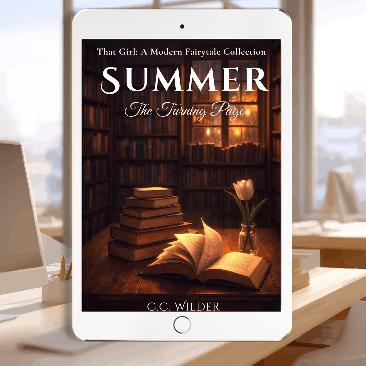 Digital book cover displayed on a tablet with a cozy library background Summer The Turning Page epub