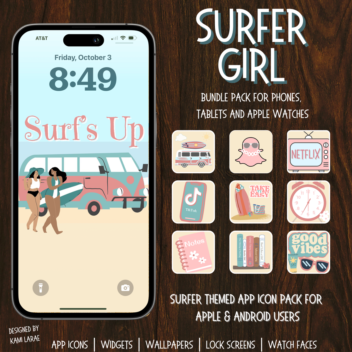 Phone with 'Surf's Up' design and surf-themed app icon pack on a wooden background