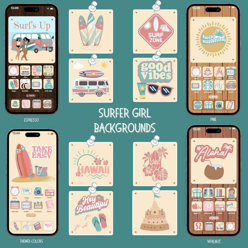 Collection of surf-themed phone backgrounds on a teal background with 'Surfer Girl' text.