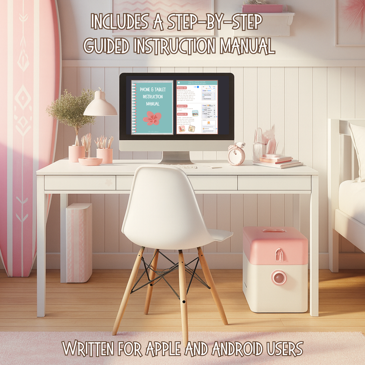 White desk with computer setup in a room with pink decor