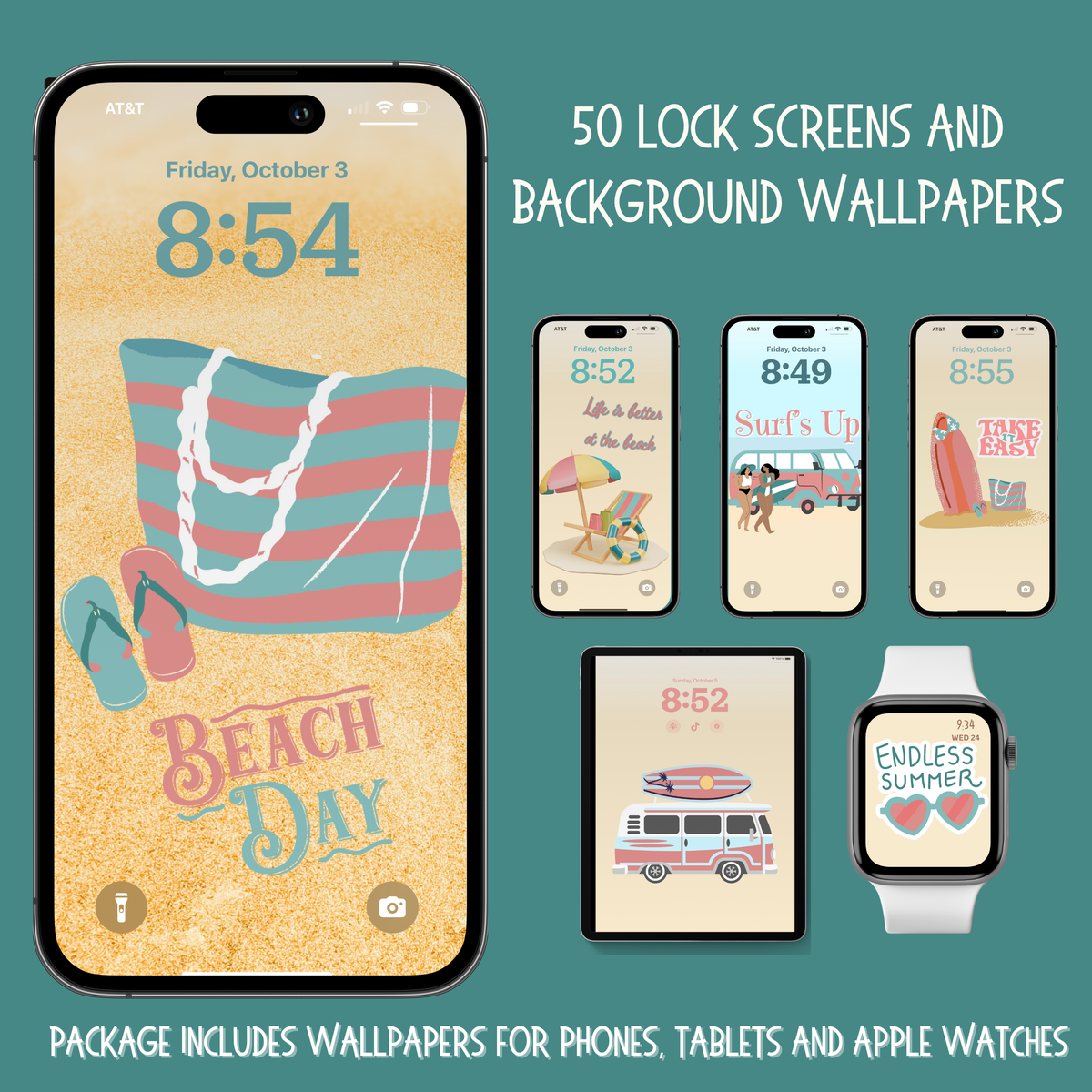 Set of beach-themed lock screens and background wallpapers on a phone and smartwatch with text indicating 50 items included.