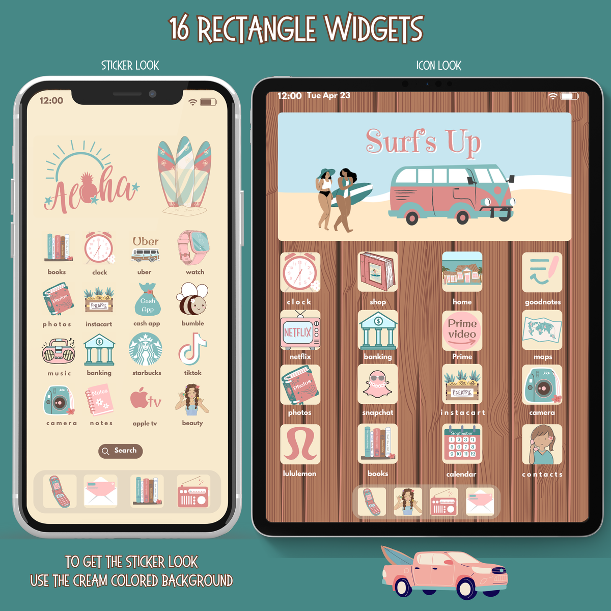 Two smartphone screens displaying different icon styles on a teal background with text about rectangle widgets.