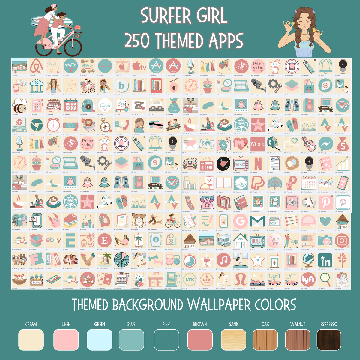 Collection of themed app icons with a teal background and color swatches below.