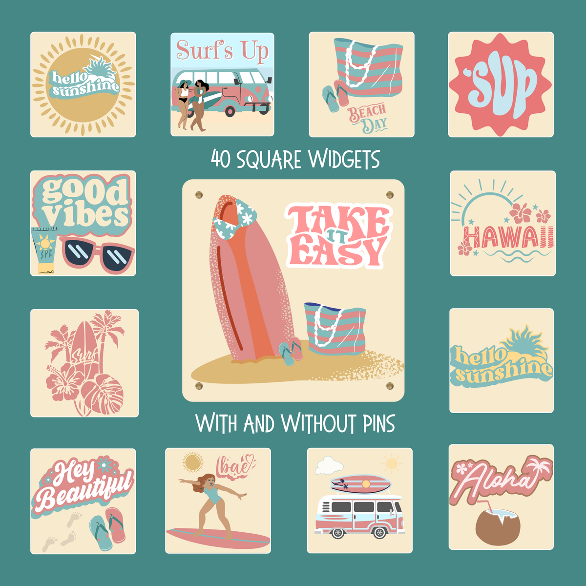 Collection of square beach-themed widgets with various designs on a teal background.