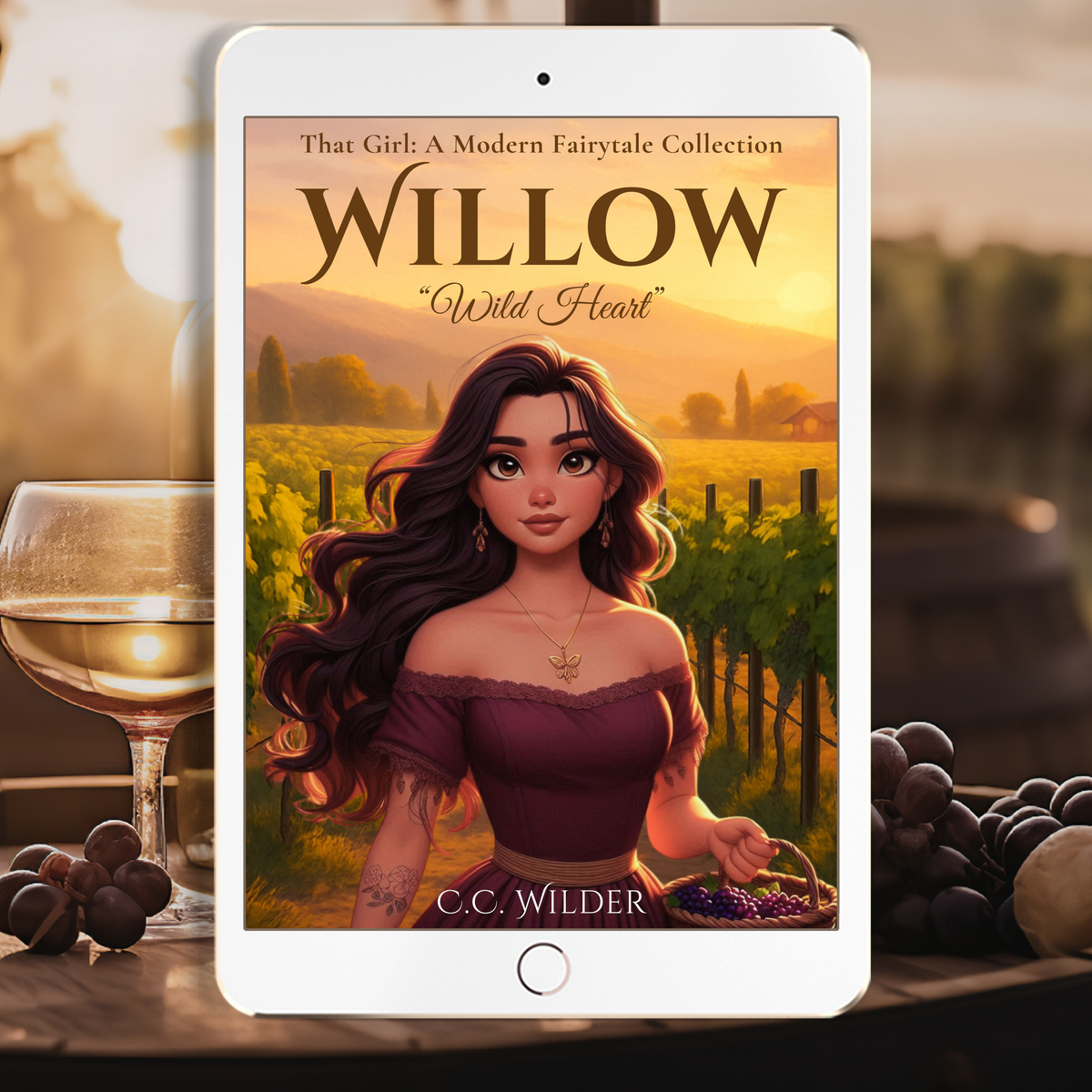 Tablet displaying the book cover of 'Willow: Wild Heart' by C.C. Wilder with a scenic background.