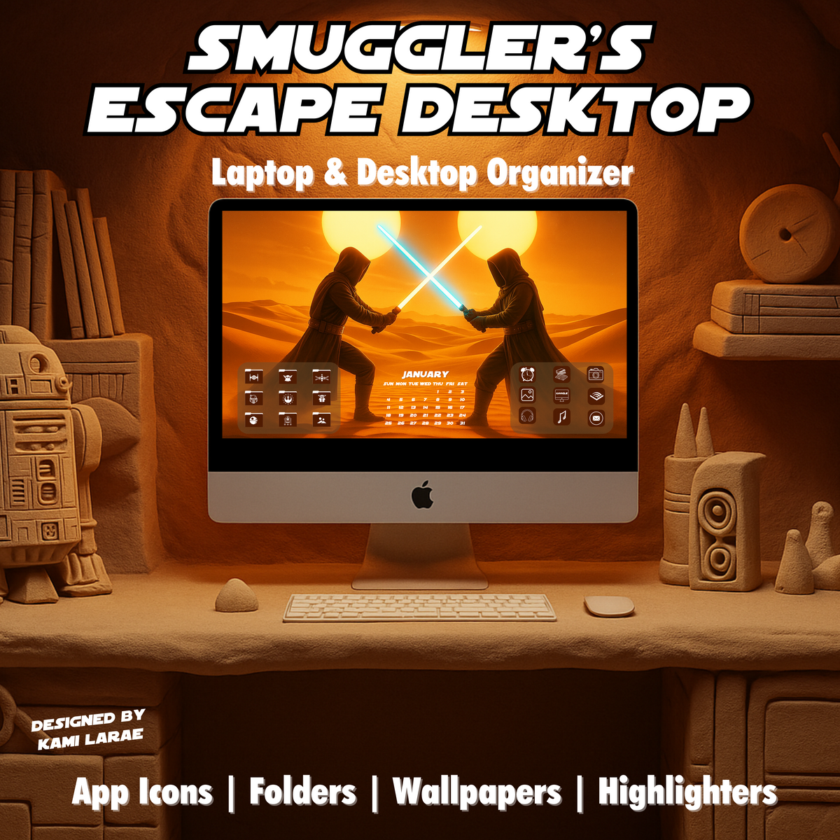 SMUGGLER'S ESCAPE DESKTOP AND LAPTOP ORGANIZER 2025-2026 with Matching Folders, App Icons, Stickers, Date Highlighters